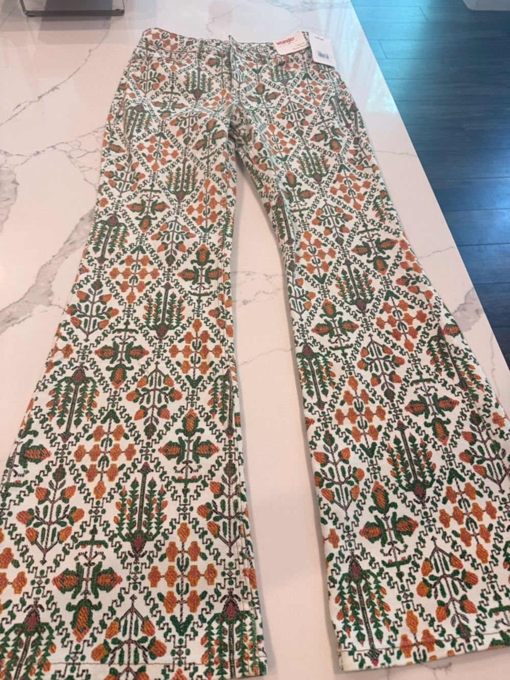 Wrangler High-Rise Fierce Flare Vibrant Printed Jeans in Green & Orange - Picture 1 of 10